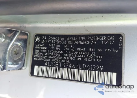 2003 BMW Z4 2.5I из США, поврежденный, VIN 4USBT33463LR61229